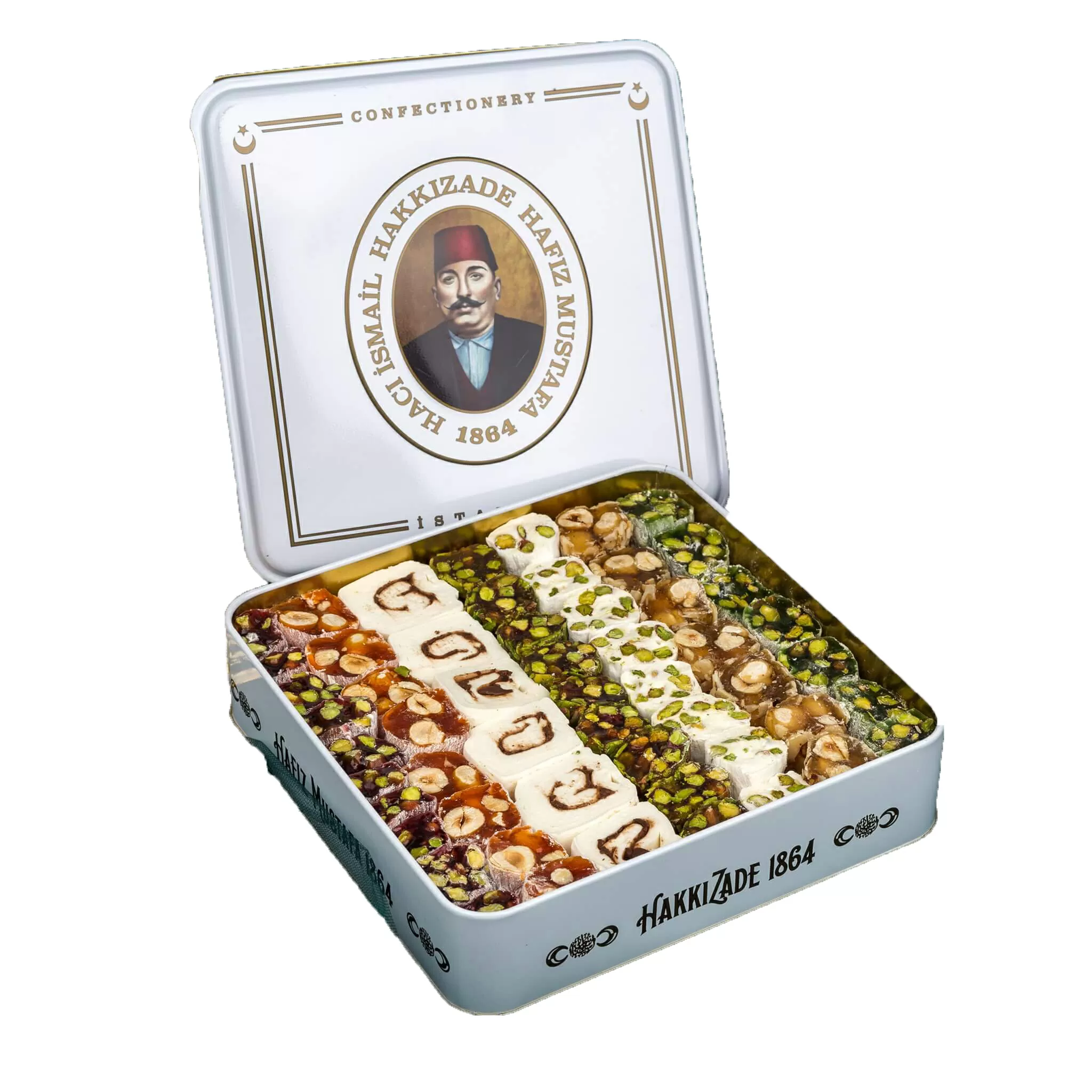 Hafiz-Mustafa-Assorted-Turkish-Delight-in-Metal-Box.jpg Assorted Turkish Delight, Metal Box 1100G, Hafiz Mustafa - Image 1